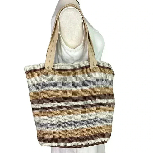 The Sak Mendocino Stripe Crochet XLarge Double Strap Zip Top Tote Vegan NEW Sand - Picture 5 of 11